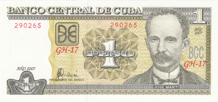 Bancnote straine - Cuba, 1 Peso 2010-2017, José Martí, necirculata