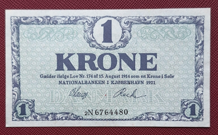 Bancnote straine - Danemarca 1 coroana 1921, rara, UNC-