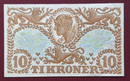 Bancnote straine - Danemarca 10 coroane 1942, rara, aproape necirculata