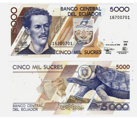 Bancnote America - Ecuador 5000 Sucres 1999 (Galapagos), necirculata