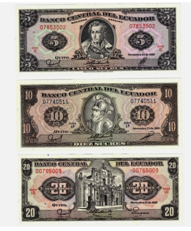 Bancnote - Ecuador set 3 bancnote: 5,10,20 Sucres 1988, UNC