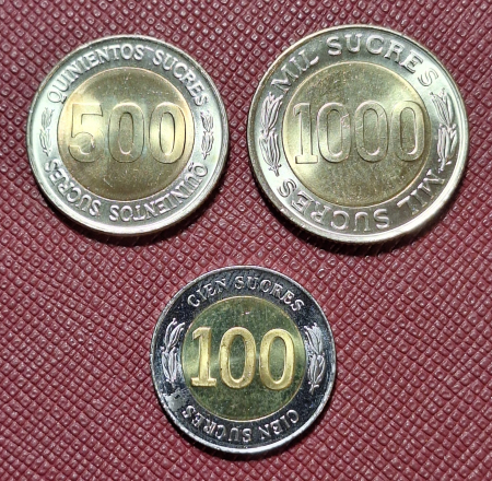 Ecuador SET 3 monede: 100 500 1000 Sucres 1997, UNC [1]