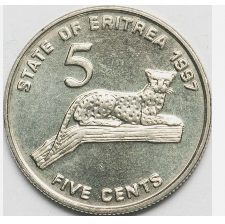 Eritrea 5 centi 1997 Ghepardul; Anul independentei (1991), UNC [0]