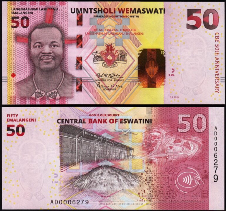 Swaziland - Eswatini (Swaziland) 50 Emalangeni 2024, necirculata, a 50-a aniversare a Bancii Centrale