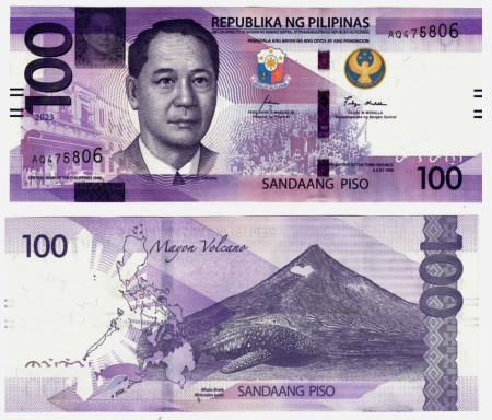 Bancnote straine - Filipine 100 Piso 2023, Vulcanul Mayon, necirculata