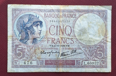 Bancnote Europa - Franta 5 franci 1939, circulata, stare buna