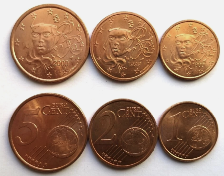 Monede Euro, Eurocenti - Franta, set 3 monede 1999-2001: 1,2,5 centi, UNC