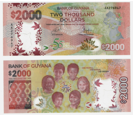Bancnote America - Guyana 2000 dolari 2022, polimer, aniversara: 55 ani Independenta, UNC