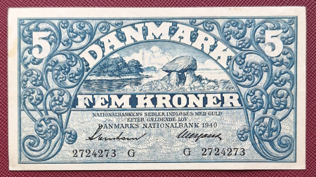 Bancnote straine - Insulele Feroe (Danemarca) 5 coroane 1940, rara, aproape necirculata