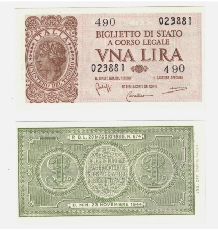 Italia - Italia 1 Lira 1944, semnaturi Bolaffi / Cavallaro / Giovinco, necirculata