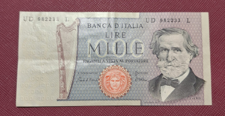 Bancnote straine - Italia 1000 Lire 1969, Giuseppe Verdi, circulata