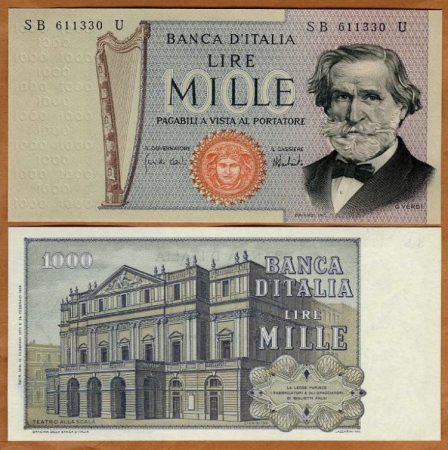 Italia - Italia 1000 Lire 1969, Giuseppe Verdi, necirculata