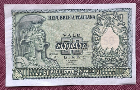 Italia - Italia 50 lire 1951, circulata, stare foarte buna