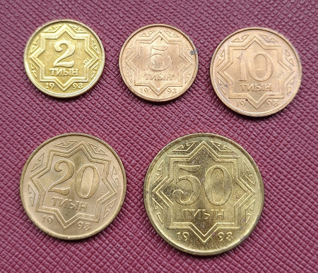 Monede Asia - Kazakhstan set 5 monede 1993: 2,5,10,20,50 Tyin, necirculate