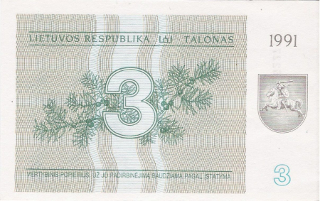 Lituania 3 Talonas 1991, necirculata [1]