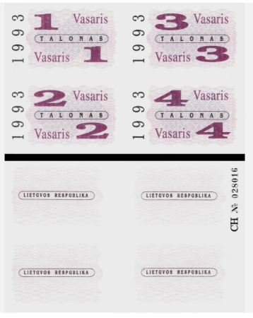 Bancnote Europa - Lituania - cupoane alimentare 1993: 1+2+3+4 talonas UNC