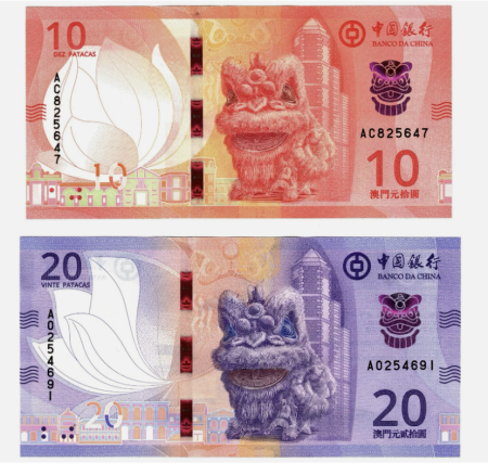 Bancnote - Macao, set 2 bancnote 2024: 10 + 20 Patacas, Anul Dragonului, UNC