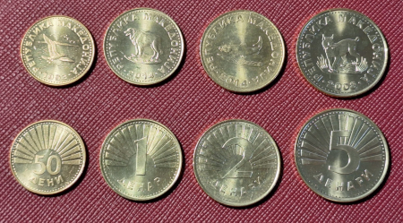 Monede Europa - Macedonia 4 monede 1993-2014: 50 Deni 1993, 1,2,5 Dinari, Animale/Pasari, UNC