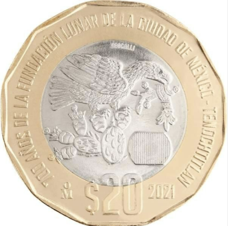 Monede America - Mexic 20 pesos 2021 - 700 de ani de la fondarea orașului Tenochtitlan, UNC