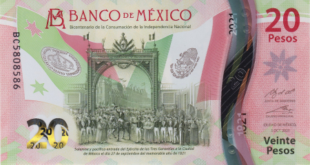 Bancnote straine - Mexic 20 Pesos 2021 (polimer; 200 ani Independenta), necirculata