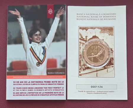 Monede Romania - Moneda Romania - Nadia Comaneci - 50 ani de la prima nota de 10 din istoria JO, Montreal 1976, tombac