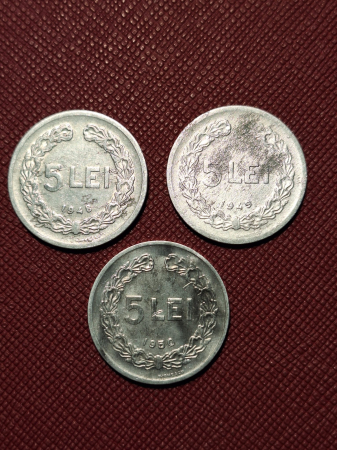 Monede Romania - Monede Romania - RPR - 5 LEI 1949 + 5 LEI 1950 + 5 LEI 1951