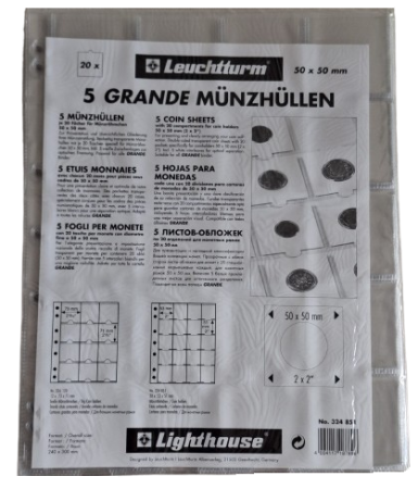 Pachet 5 Folii Grande MK20 (A4), pentru monede în cartonașe, 50X50 mm [1]