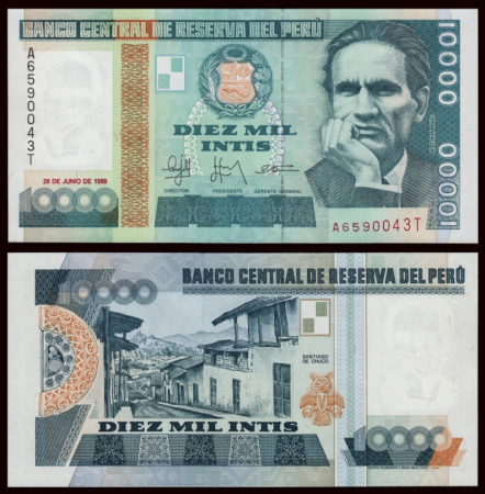 Bancnote straine - Peru 10000 Intis 1988, necirculata