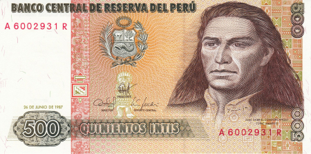 Bancnote straine - Peru 500 Intis 1987, Tupac Amaru II, necirculata