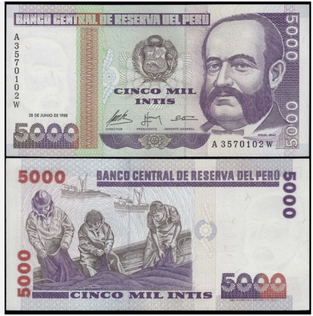 Bancnote America - Peru 5000 Intis 1988, necirculata