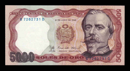 Peru - Peru 5000 Soles de Oro 1985, Francisco Bolognesi, aproape necirculata