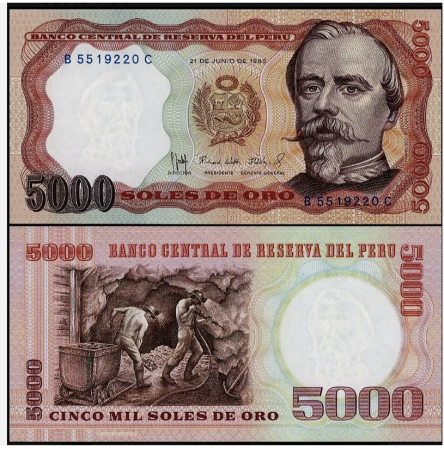 Peru 5000 Soles de Oro 1985, Francisco Bolognesi, aproape necirculata [2]