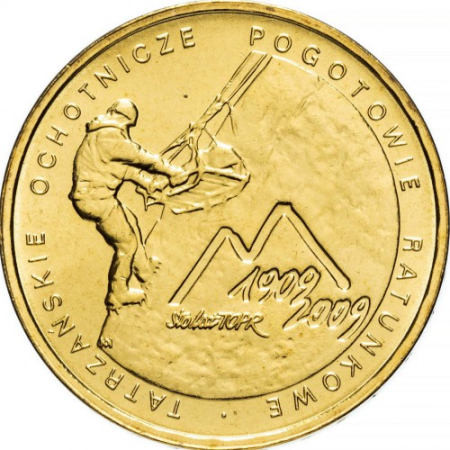Monede straine - Polonia 2 zloti 2009, 100 ani de la fondarea Serviciului Voluntar de Salvare din Munții Tatra, UNC