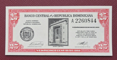 Bancnote America - Republica Dominicana 25 centavos oro 1962, UNC