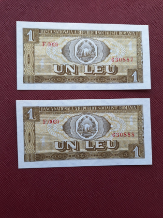Bancnote Romania - Romania 1 leu 1966, 2 consecutive, seriile F.0029/630887-630888, UNC