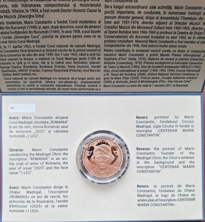 Monede Romania - Romania, 1 Leu 2025 - Centenar Marin Constantin, Corul Madrigal, tombac
