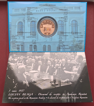Romania, 1 Leu 2025 - Lucian Blaga, 130 ani de la nastere, tombac, prima moneda colorata [2]