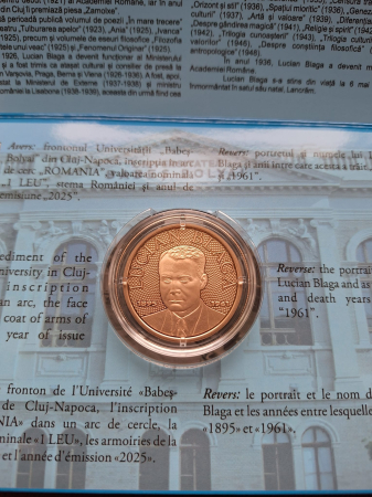 Romania, 1 Leu 2025 - Lucian Blaga, 130 ani de la nastere, tombac, prima moneda colorata [1]