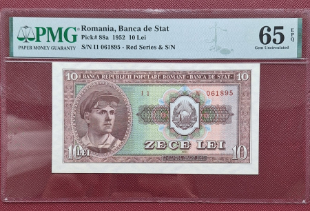 Gradate PMG - Romania, 10 Lei 1952, serie rosie, PMG 65 EPQ