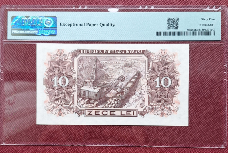 Romania, 10 Lei 1952, serie rosie, PMG 65 EPQ [1]