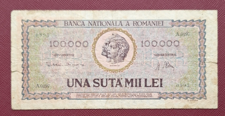 Bancnote - Romania 100,000 lei 1947, Traian si Decebal, circulata