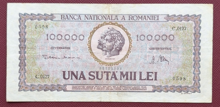 Bancnote Romania - Romania 100,000 lei 1947, Traian si Decebal, circulata, stare buna