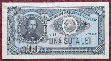 Bancnote Romania - Romania 100 lei 1952, seria r19/ 679450, stare buna