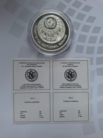 Monede Romania - Romania, 100 lei 1996, UNICEF, necirculata, ag