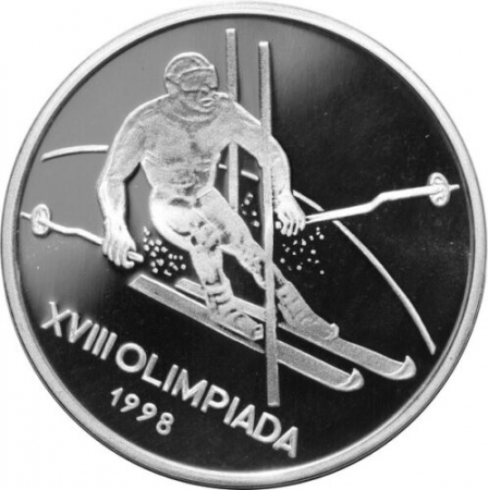 Monede Romania - Romania, 100 lei 1998, Nagano, J.O. iarna, ag, slalom
