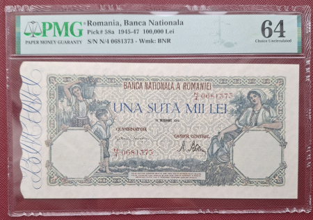 Gradate PMG - Romania, 100 mii lei decembrie 1946, grad 64, seria N/4 0681373