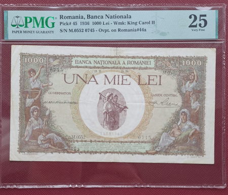 Gradate PMG - Romania, 1000 Lei 1936, cu supratipar, rara, PMG 25