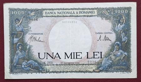 Bancnote Romania - Romania, 1000 lei 1941, seria K.2332/0936/58285936, circulata