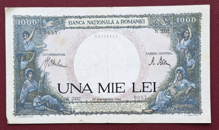 Bancnote Romania - Romania, 1000 lei 1941, seria K.2332/0957/58285957, circulata