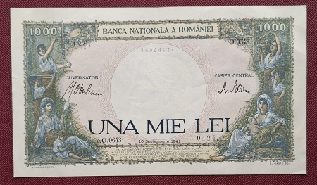 Bancnote - Romania, 1000 lei 1941, seria O.0643/0124/16064124, Aunc, cu mica ruptura